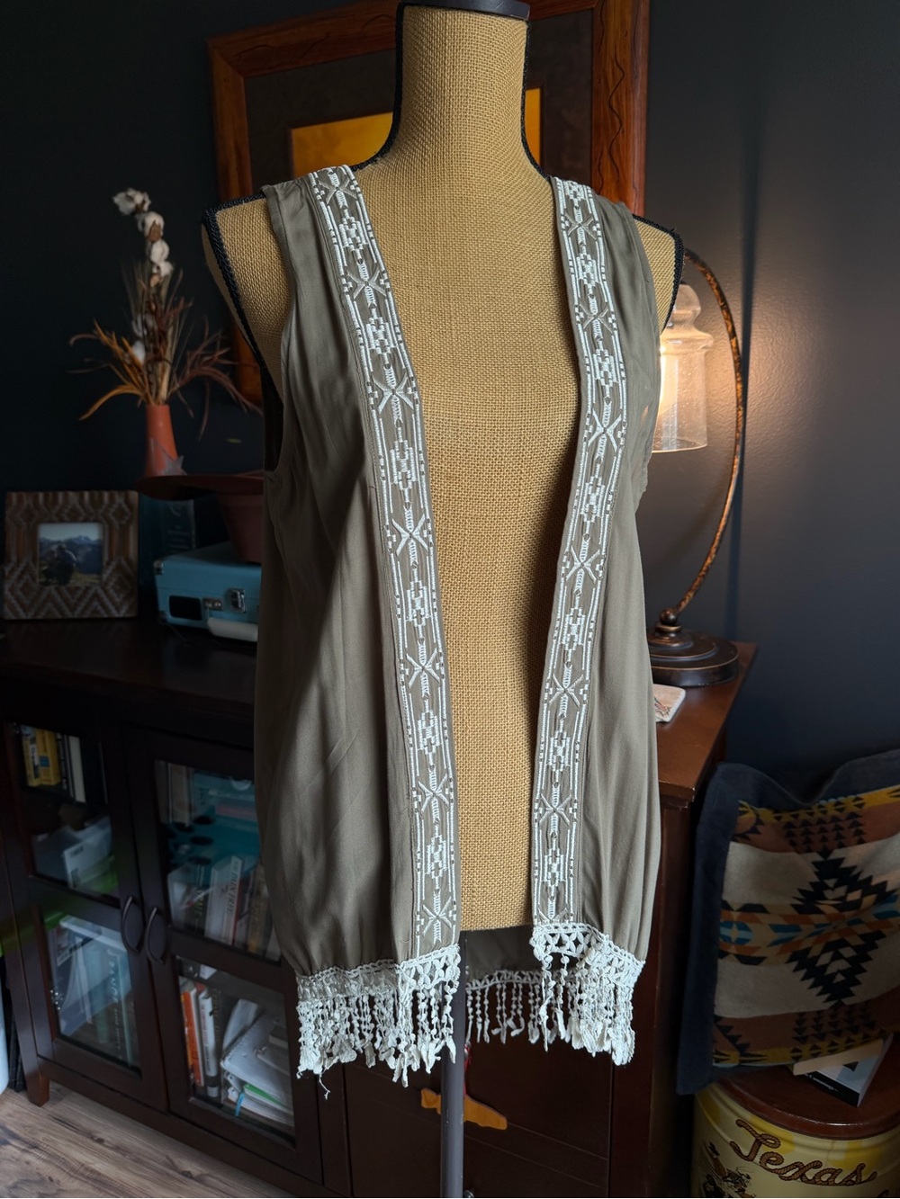 entro Olive Green Sleeveless Fringe Vest with White Crochet Trim